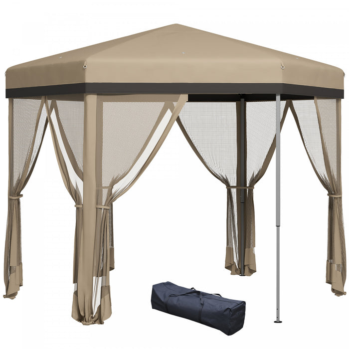 Outsunny 12x12 Pop Up Canopy Tent, Hexagon Gazebo With Mosquito Netting, Carry Bag, Stakes, Ropes, Height Adjustable Instant Sun Shelter For Outdoor, Garden, Patio, Khaki