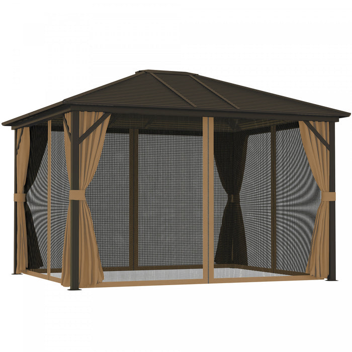 Outsunny 10' X 12' Deluxe Hardtop Gazebo With Curtains And Netting, Coffee