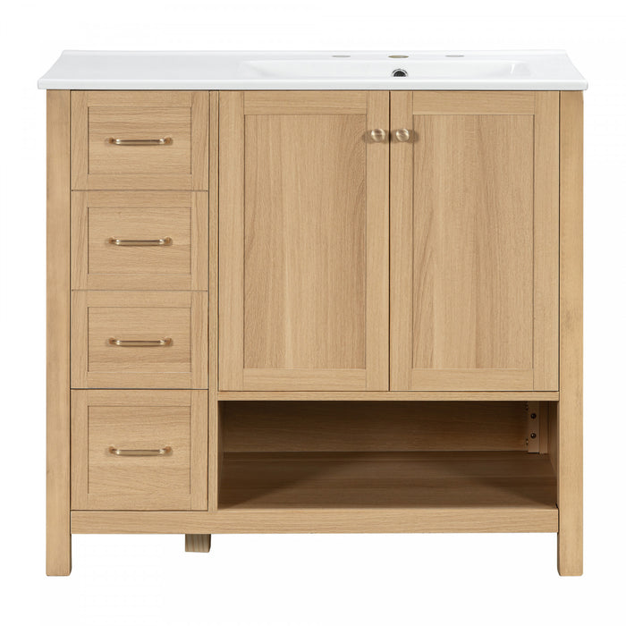Oakmere 36 Inch Single Sink Bathroom Vanity with Two Doors and Two Drawers, Natural Wood