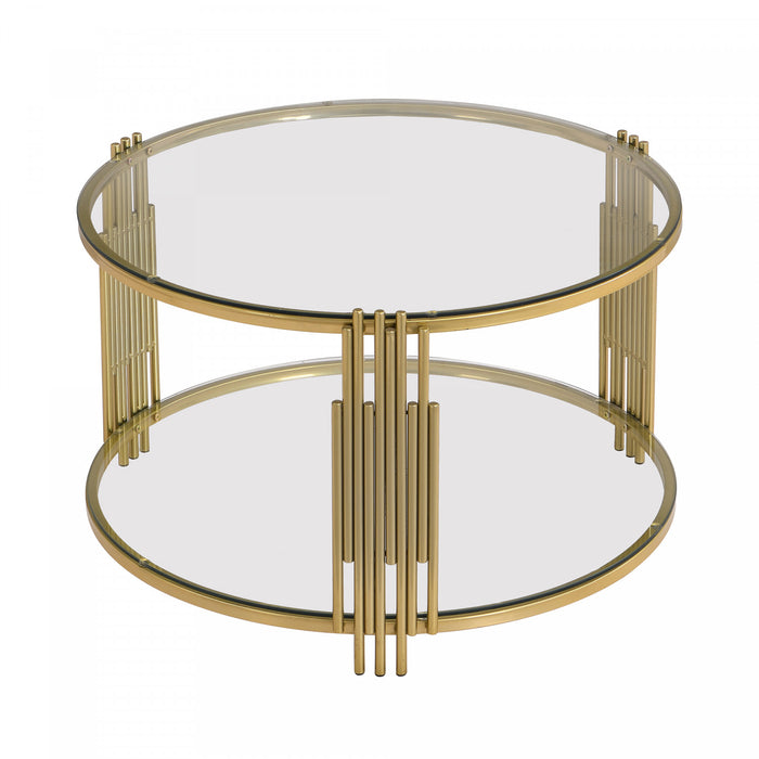 Jonas 31.5\" Round Tempered Glass Coffee Table With Lower Shelf, Transparent