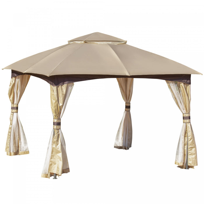 Outsunny 11' X 11' Steel Gazebo Canopy Party Tent Shelter With Double Roof, Netting Sidewalls, Corner Curtains, Beige