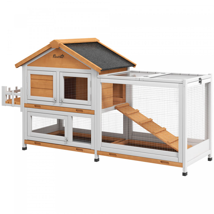 Pawhut 65\" Wooden Rabbit Hutch, Pet Playpen With Openable Roof, Bunny House Enclosure With Storage Box, Slide-out Tray, Ramp, For Rabbits And Small Animals, Yellow