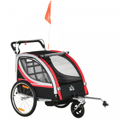 Aosom 2-in-1 Bike Trailer For Kids 2 Seater, Baby Stroller With Brake, Storage Bag, Safety Flag, Ref|Aosom Remorque Velo Enfant 2 En 1, Poussette Bebe Avec Frein, Sac De Rangement, Drapeau De Securite,