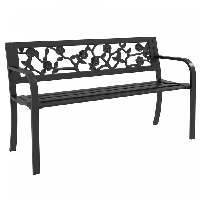 Outsunny Outdoor Bench With Floral Pattern Backrest, Patio Loveseat, Black