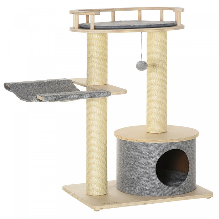 Pawhut 35\" Cat Tree, Kitty Activity Centre, Wooden Cat Climbing Toy, Cat Tower With Cat Bed Hammock Condo Washable Cushion Hanging Ball Toy Sisal Scratching Post, Natural