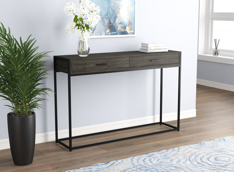 48” Modern Console Table With 2 Drawers - Dark Grey Wood With Black Metal