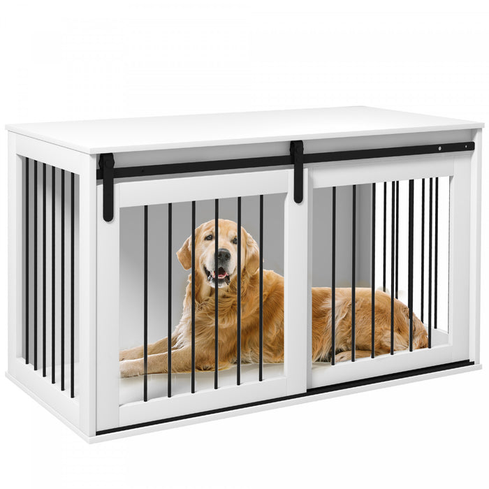 Pawhut Dog Crate Furniture, 46.5\" Dog Crate End Table Indoor Dog House For Extra Large Dogs, With Sliding Door, Lock, White