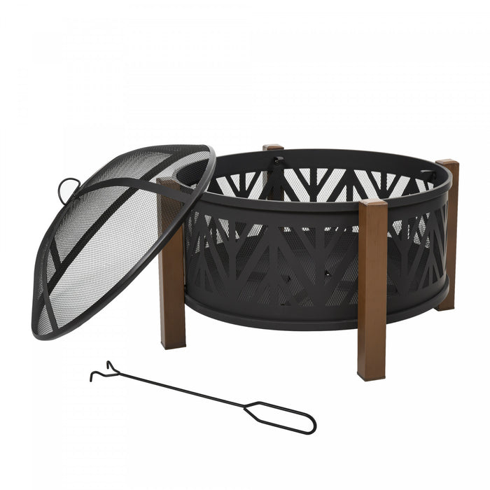 Outsunny 31\" Fire Pit, 2-in-1 Wood Fire Pit Brazier With Lid, Grill, Black