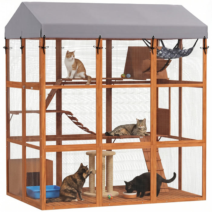 PawHut Large Cat House with Anti-Escape Floor, 81\" H Wooden Catio Outdoor Cat Enclosure with Waterproof Cover, Walk in Door, Condo, Hammock, Ramp, Bridge, for 2-4 Cats, Orange