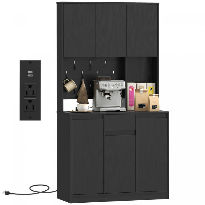 HOMCOM 71\" Pantry Cabinet, Storage Cabinet with Charging Station, Black