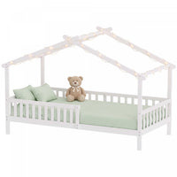 Qaba Twin Bed Frame, Solid Wood Montessori House Bed with Roof, Full Safety Guardrail for Kids Teens Girls Boys, No Box Spring Needed, White