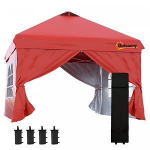 Outsunny 10' X 10' Pop Up Canopy Tent, Instant Sun Shelter, Tents For Parties, With Wheeled Carry Bag, For Outdoor, Garden, Patio, Red