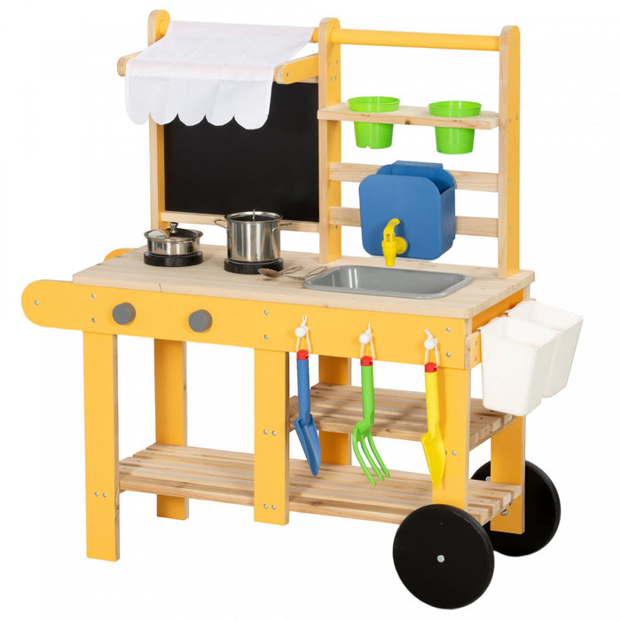 Qaba Mud Kitchen for Kids Outdoor with Wheels, Wooden Kids Play Kitchen Playset with Sink, Stove, Faucet, Storage Shelf, Planting Pots and Blackboard, Yellow