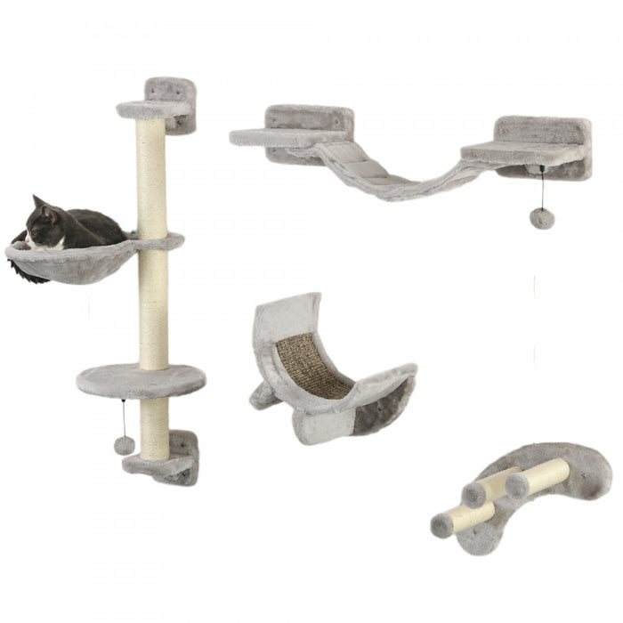 Pawhut Cat Wall Shelf With Scratching Post, Jumping Platform With Soft Ladder, Cat Wall Shelves For Relaxing, Sleeping, Climbing, Cat Wall With Soft Hammock And Play Balls, Grey