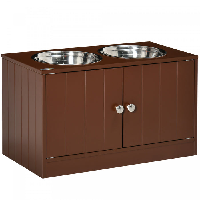 Pawhut Elevated Dog Bowls For Large Dogs Pet Feeding Station With Stand, Storage, 2 Stainless Steel Food And Water Bowls, Brown, 23.6\" X 11.8\" X 14\"