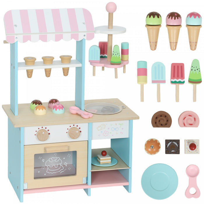 Qaba Wooden Ice Cream Toy Shop, Pretend Play Food Store with Toy Food and Oven for Kids, Pretend Play Dessert Shop Counter Stand for Boys and Girls Aged 3+