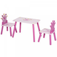 Qaba 3-piece Set Kids Wooden Table Chair With Crown Pattern Easy To Clean Gift For Girls Toddlers Ag