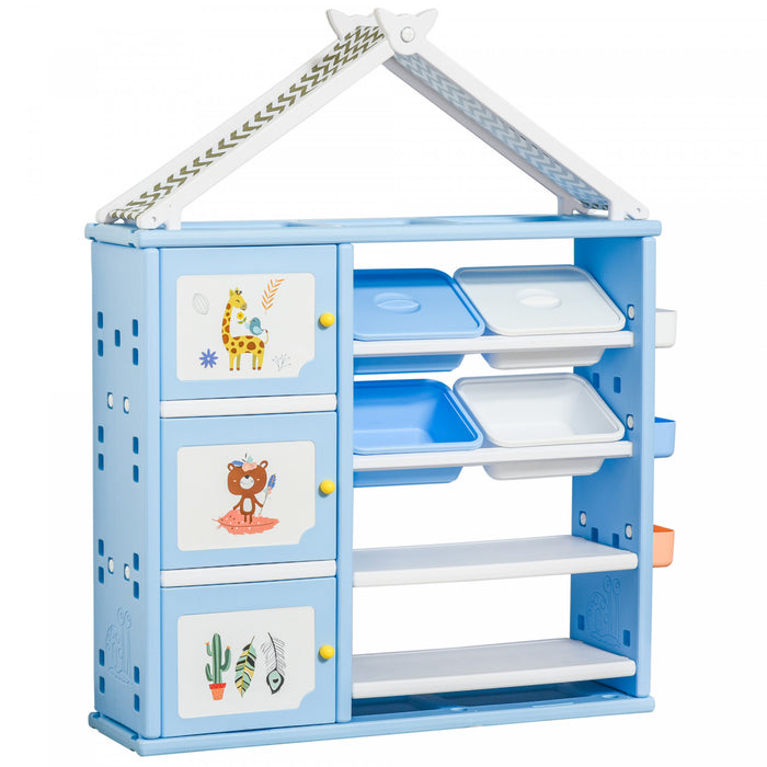 Qaba Kids Toy Organizer And Storage Book Shelf With Shelves, Storage Cabinets, Storage Boxes, And Storage Baskets, Blue