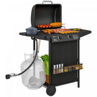 Outsunny 2+1 Burner Propane Gas BBQ Grill, Portable Gas Barbecue Grill with Side Burner, Lid, Side Table, Shelf, Spice Rack, Wheels, Grease Cup, Thermometer for Garden, Black