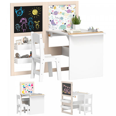Qaba Kids Table And Chair Set, 3 In 1 Toddler Table And Chair Set With Foldable Easel, Storage Shelves, Roll Paper, Kids Art Table And Chair Set For 3-8 Years, White