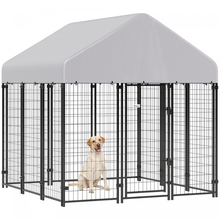 PawHut 6' x 6' x 6' Dog Run Outdoor, Large Outdoor Dog Kennel Welded Wire Steel Fence with UV-Resistant & Waterproof Cover, Secure Lock, Silver
