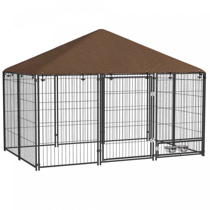 Pawhut Dog Run, 6.9' X 4.6' X 5' Outdoor Dog Kennel With Canopy, Rotating Bowls, Door For Backyard & Garden, Coffee