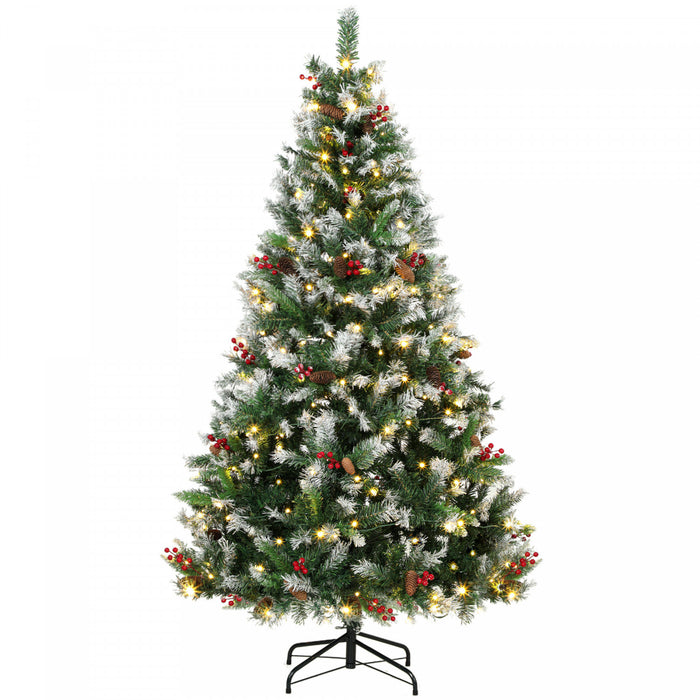 HOMCOM 7ft Flocked Prelit Christmas Tree Spruce, Dual Colour LEDs, Remote