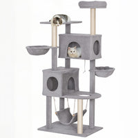 PawHut Cat Tree, 66 Inch Large Cat Tower with 2 Door Condos, 3 Big Hammocks, Plush Top Perch, Sisal Scratching Posts, Multi-level Kitty Tree for Indoor Kittens, Light Grey