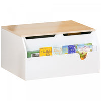 Qaba Kids Toy Storage Box Chest with Lid, Children Book Shelf with Safety Hinge and Book Slot, Playroom Furniture, White and Natural