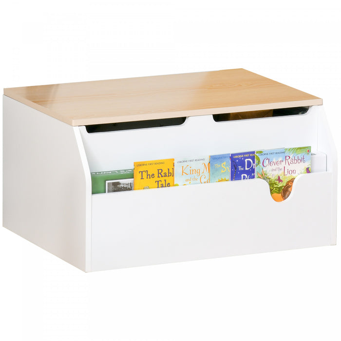 Qaba Kids Toy Storage Box Chest with Lid, Children Book Shelf with Safety Hinge and Book Slot, Playroom Furniture, White and Natural
