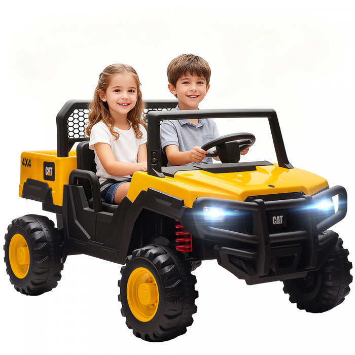 Qaba 24V Caterpillar Licensed Ride on Car, 4WD 2 Seater Electric Ride on Dump Truck with Remote Control, Up to 5 Mph, Dump Bed, Shovel, Electric Car for Kids 3-8 Years