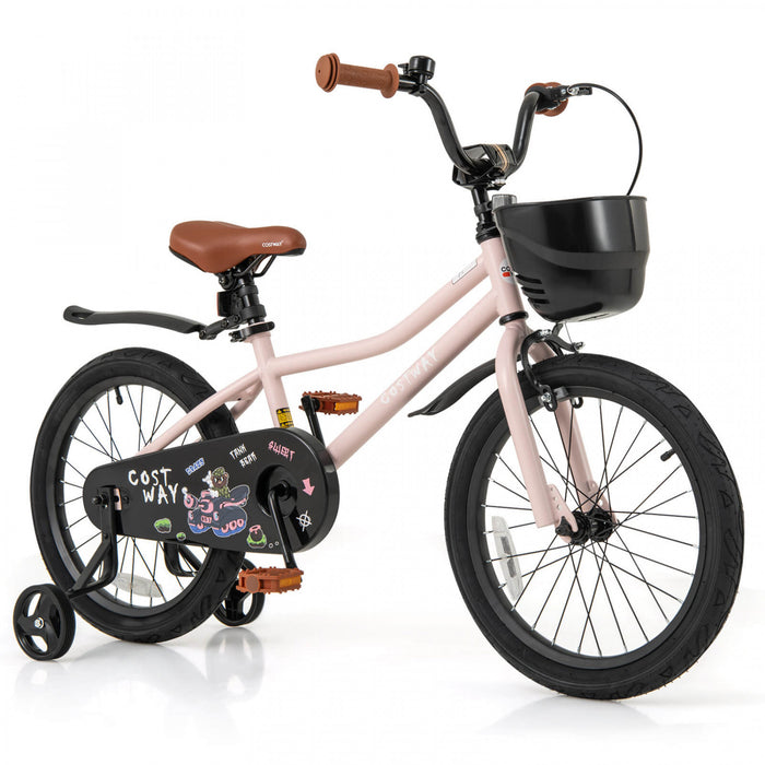 Costway 18\" Kid's Bike With Training Wheels Adjustable Handlebar & Seat Handbrake Pink