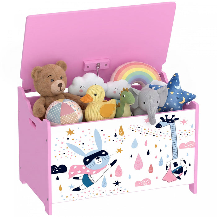 Qaba Kids Storage Chest with Lid, Toy Box with Safety Hinges and Groove Handles for Kids, Toy Storage Organizer for Bedroom, Playroom, Nursery, Super Girl Pattern, Pink