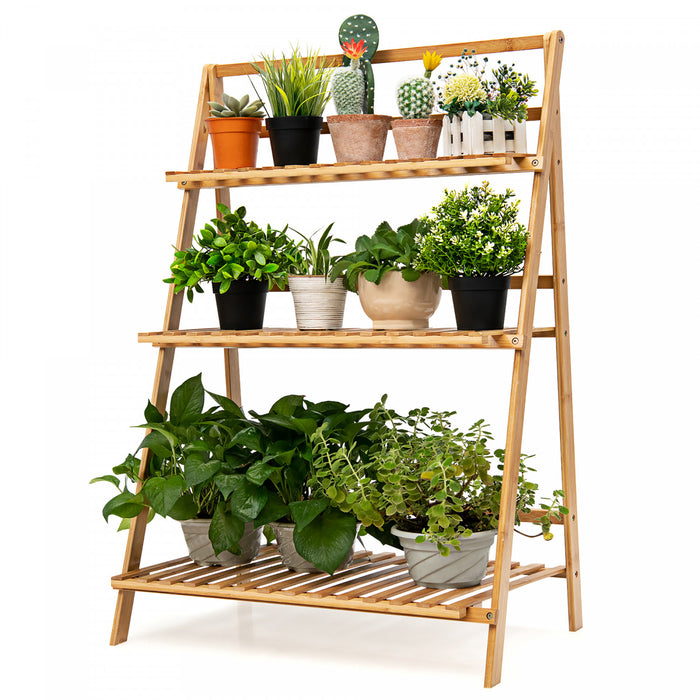 Costway 3 Tier Bamboo Flower Pot Shelf Stand Folding Display Rack Garden Yard