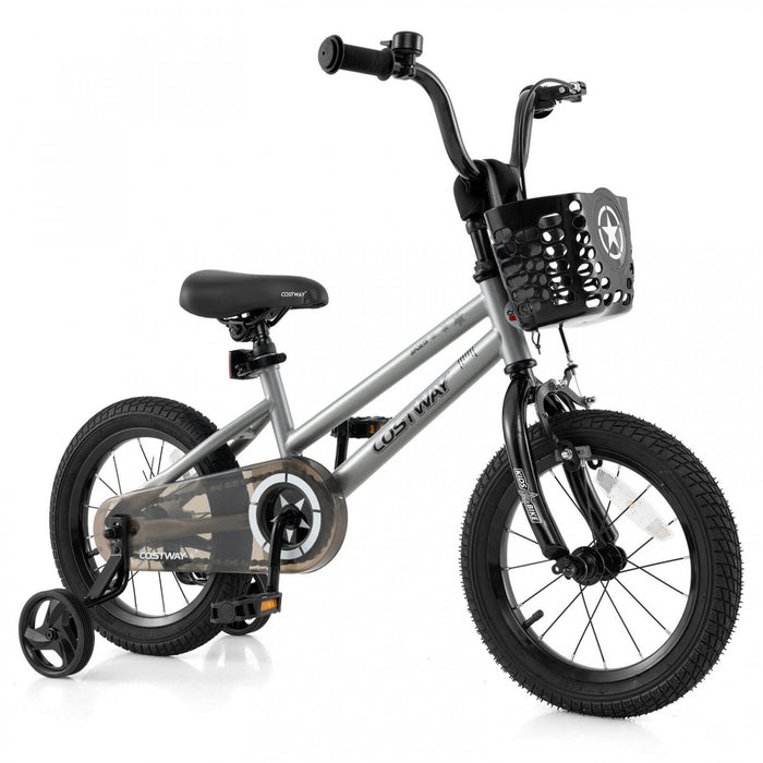 Costway 14\" Kid's Bike With Training Wheels Adjustable Handlebar & Seat Handbrake Silver