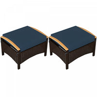 Outsunny 2 Pieces Wicker Outdoor Ottoman Footstool, Removable Cushion, Blue