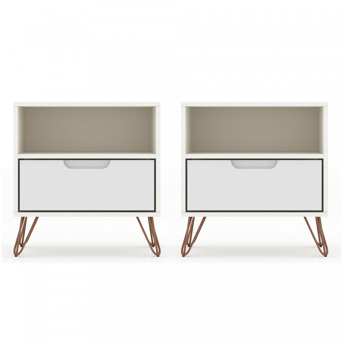 Rockefeller Mid-Century Modern 20\" Nightstand in White (1-Drawer) - Set of 2