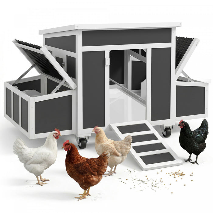 PawHut Chicken Coop, Wooden Hen House with Wheels for 6 Chickens, Outdoor Poultry Cage Rabbit Hutch Duck Coop Hen House with Nesting Box, Tray, Windows, Dark Grey