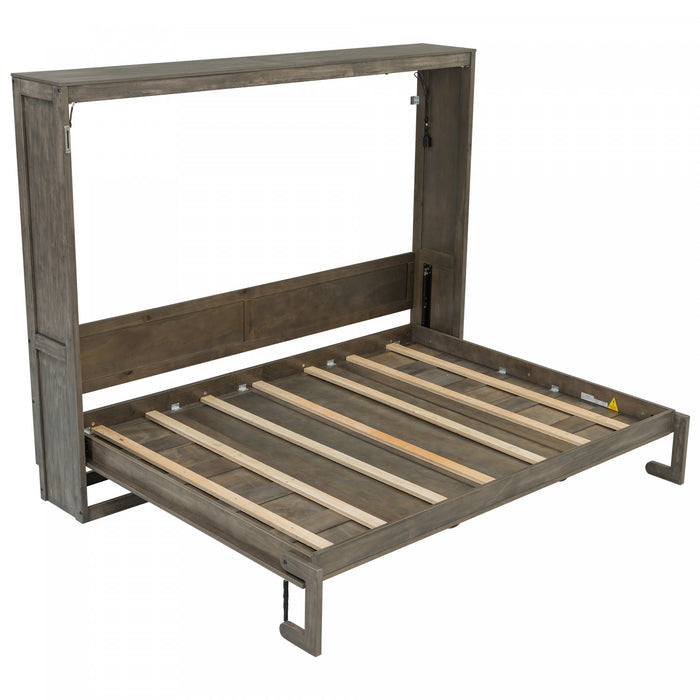 Olivia Solid Wood Murphy Bed with LED Light and Foldable Cabinet,Queen Size,Brown Queen Bed