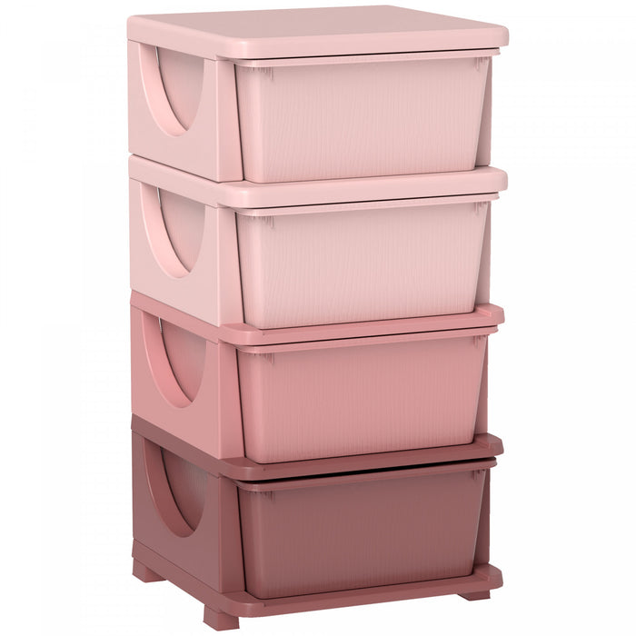 Qaba Kids Toy Storage Organizer With 4 Plastic Bins, 4 Tier Drawer Chest Utility For Kids Bedroom Nursery Kindergarten Living Room For Boys Girls Toddlers, Pink