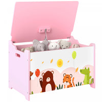 Qaba Toy Box, Kids Storage Chest with Lid, Safety Hinges and Groove Handles, Toy Storage Organizer with Animals Pattern for Boys, Girls, Pink