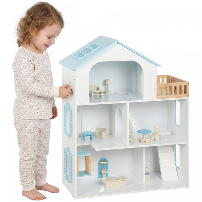 Qaba Wooden Doll House for Girls w/ Elevator, DIY Dollhouse Playset w/ 5 Rooms and 13 Furniture Accessories, Pretend Play Toy Gift for Kids 3-6, Blue