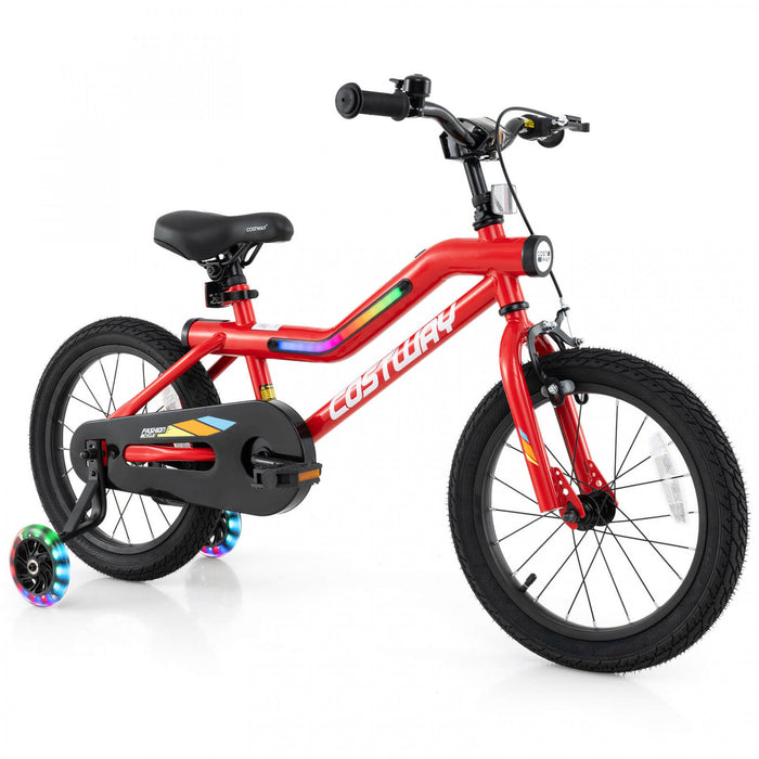 Costway 16\" Led Lighted Kids Bike With Adjustable Seat Coaster Brake Training Wheels Red