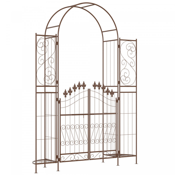 Outsunny 7ft Garden Gate Arbor Wedding Arch With Doors Plant Shelves, Brown