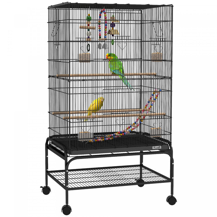 Pawhut 43\" Bird Cage For Budgies Cockatiels Canaries Lovebirds Finches With Rolling Stand, Toys, Removable Tray, Storage Shelf, Black