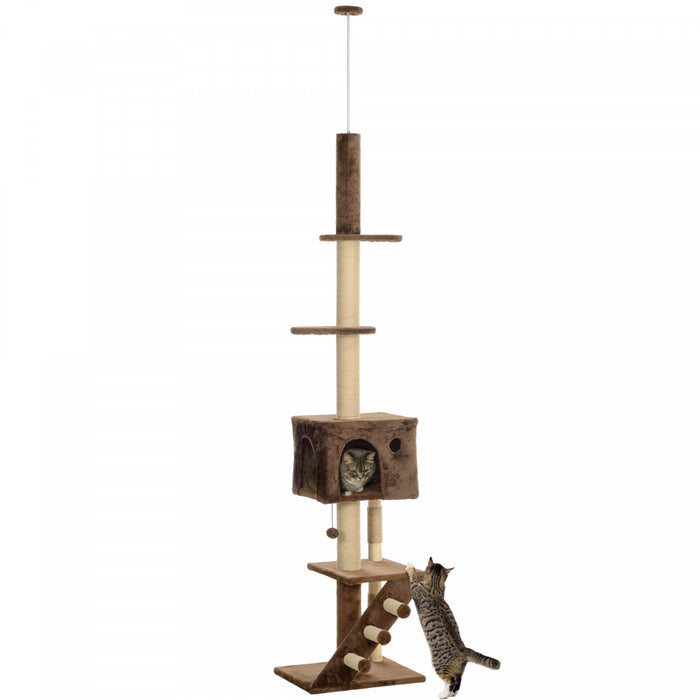Pawhut Floor To Ceiling Cat Tree For Large Cats Adult, Cat Tower Adjustable Height 89\"-104\" W/ Scratching Post, Cat House, 3-steps, Hanging Ball, Perches, Anti-tip Kit, Brown