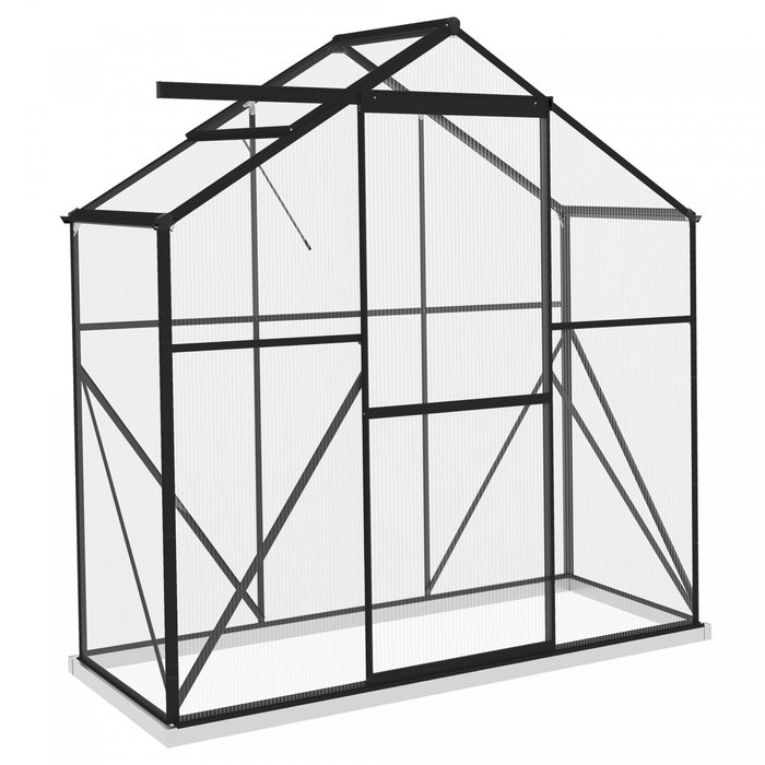Outsunny 6' X 2.5' Polycarbonate Greenhouse, Walk-in Green House With Sliding Door, 5-level Roof Vent, Rain Gutter, Aluminium Garden Plants Warm Grow House With Foundation, Black