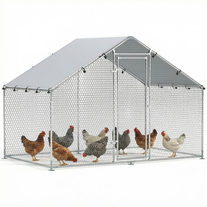 PawHut Metal Chicken Coop, 9.8 x 5.6 FT Walk-in Chicken Run with Weatherproof UV Cover, Lockable Door, Large Outdoor Poultry Cage for 5-8 Chickens, for Farm, Yard, Garden, Silver