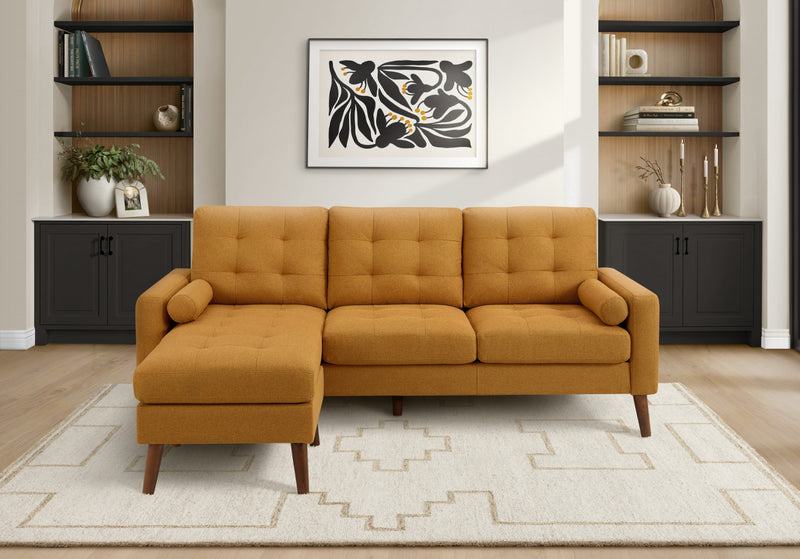 Upholstered Chaise Sofa Lounger, 85\" Wide, Orange Fabric, Walnut Solid Wood Legs, Modern Sofa