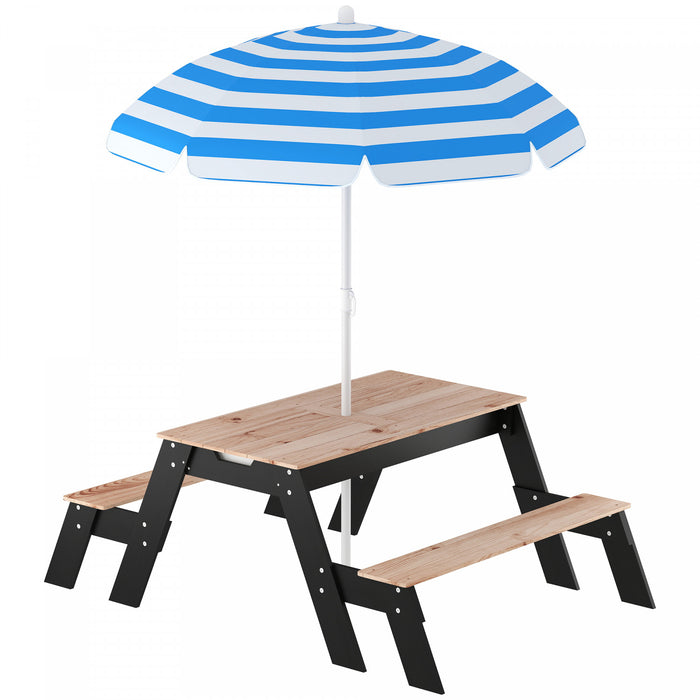 Qaba Kids Picnic Table with Umbrella, 3 in 1 Wooden Sand & Water Table with 2 Hidden Play Boxes, Kids Outdoor Activity Table and Bench Set for Backyard, Ages 3-6, Natural Wood